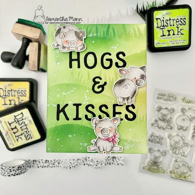 Hogs & Kisses Card by Samantha Mann | Oink Stamp Set, Hills & Grass Stencil and Essential Alphabet Die Set by Newton's Nook Designs #newtonsnook #handmade