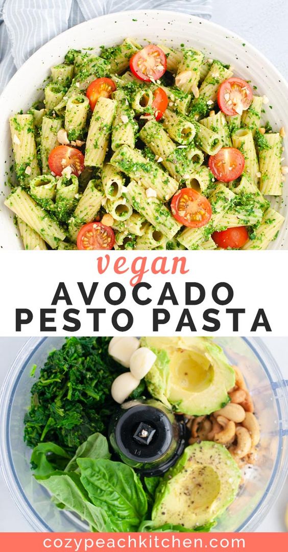 Vegan avocado pesto pasta is a quick and easy way to get in your greens. Made in less than 15 minutes, this flavorful recipe is packed with nutrients from avocado and spinach! #pesto #veganrecipes #pasta #veganpasta