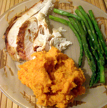 Plate of Vanilla Maple Yams with Turkey and Asparagus