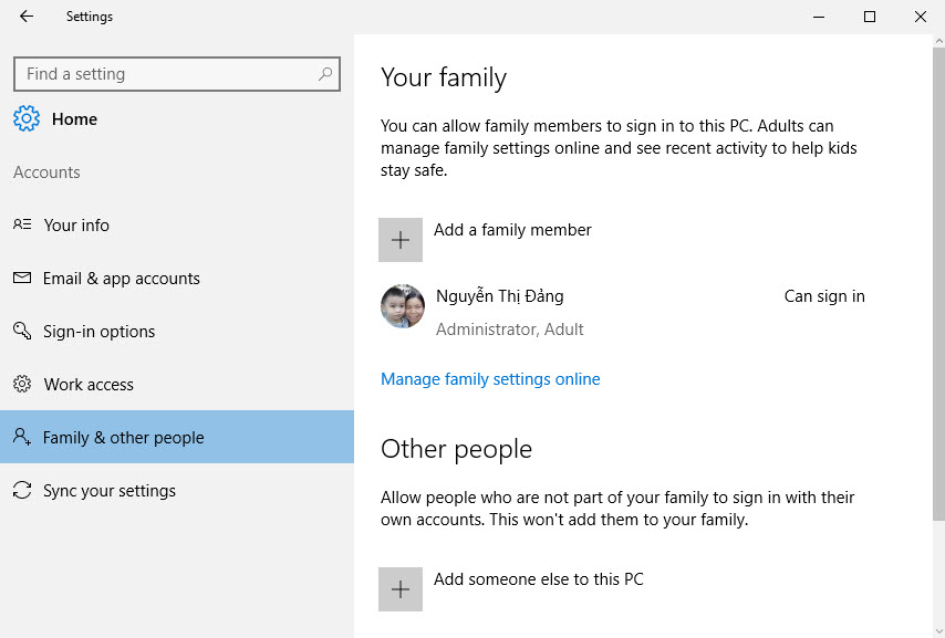 Thêm tài khoản Microsoft của thành viên trong gia đình trực tiếp trong settings
