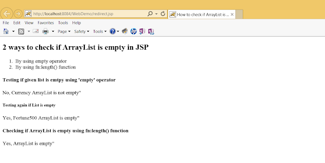 There are multiple ways to cheque if an ArrayList is empty inwards JSP or non JSP - How to cheque if ArrayList is Empty using JSTL Example