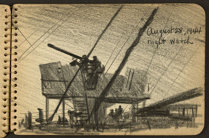 21-Year-Old WWII Soldier’s Sketchbooks Show War Through The Eyes Of An Architect - Soldiers On Watch Tower And Deck Of Ship At Night