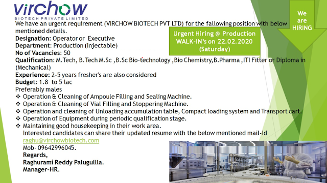 Virchow lab | Walk-in for Production on 22 Feb 2020 | Hyderabad