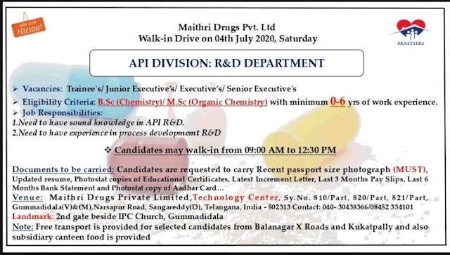 Maithri Drugs | Walk-in for API R&D at Hyderabad on 4 July 2020