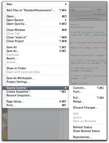 Xcode scm menu