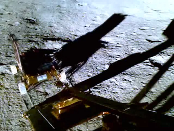 A screenshot of the Pragyan Rover after it rolled onto the lunar surface from the ramp of the Vikram Lander...on August 23, 2023.