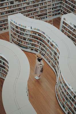 Gran biblioteca con estanterías con formas sinuosas