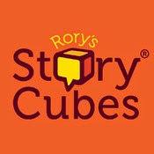 Logotipo de Rory's Story Cubes donde la "o" de story tiene forma de cubo con el rabito de los bocadillos de los cómics