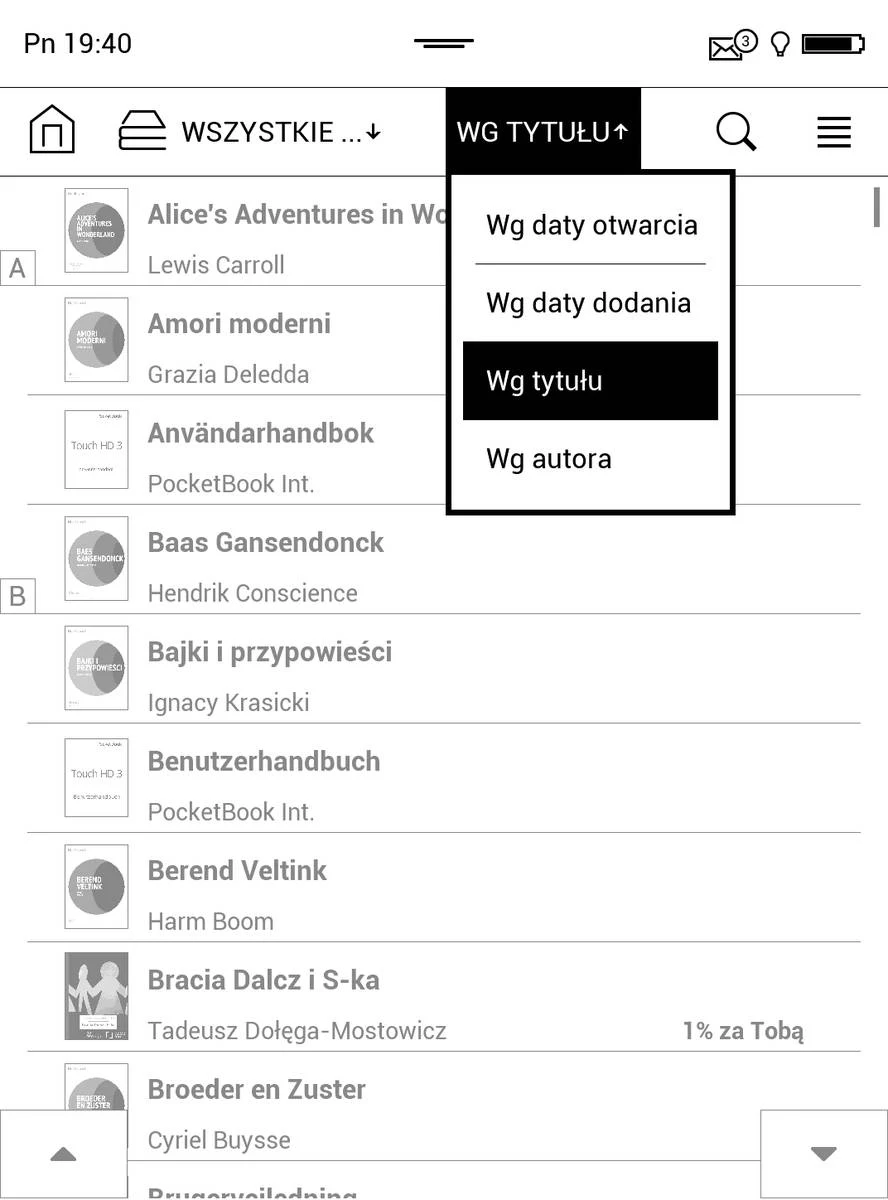 Sortowanie e-booków w PocketBook Touch HD 3