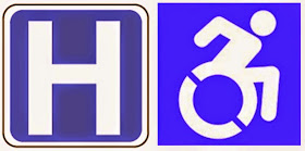 Large "H" hospital icon on the left, active wheelchair icon on the right