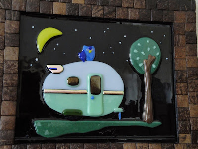 fused glass teardrop vintage trailer owl night stars camping glamping  dichroic dicro crescent moon