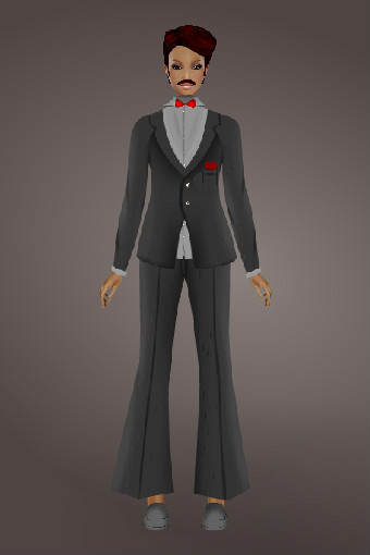 It's a wedding suit designed for men Dark grey in color and red bow and 