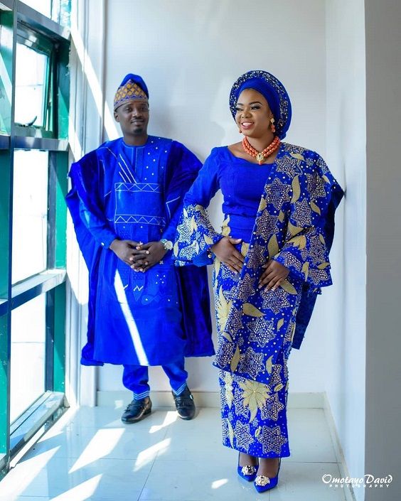Royal blue traditional wedding outfit for couple