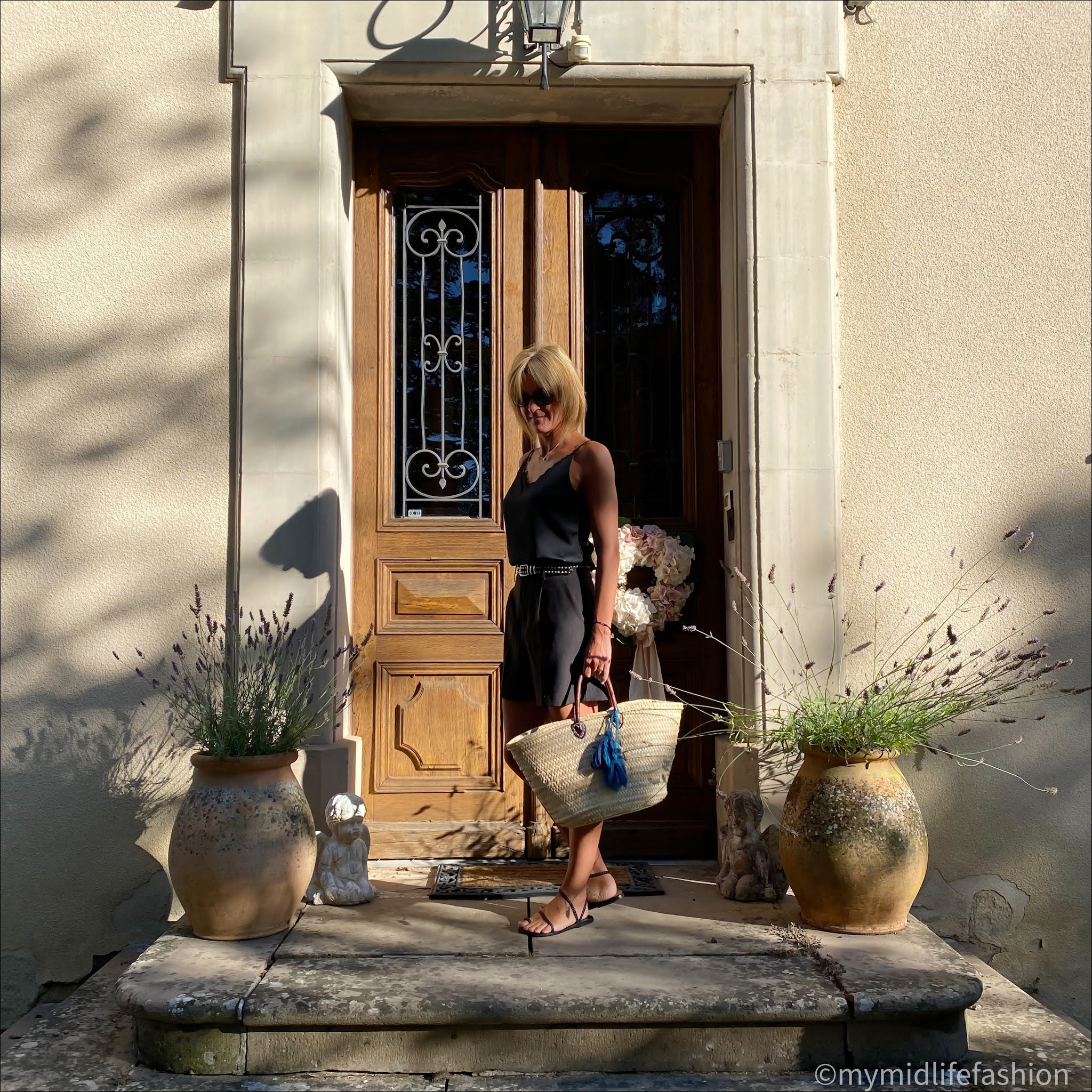 my midlife fashion, initially London covent monogrammed short handle basket, zara Bermuda shorts, marks and Spencer lace trim camisole, Ancient Greek eleftheria braided leather sandals