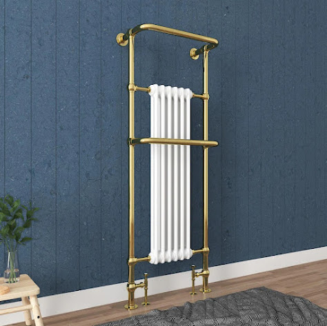 Traditional Towel Radiator with Two Overhanging Rails - Gold Finish