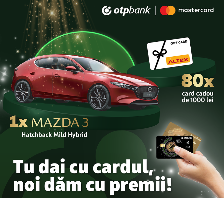Concurs OTP Bank - Castiga o masina Mazda 3 Hatchback Mild Hybrid - mastercard - premii - platesti