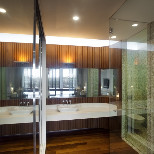 Picture of modern bathroom with wooden wall