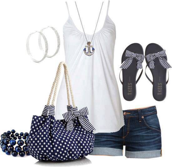 White blouse, slippers, hand bag and shorts for ladies