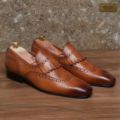 Brogue Fringes Tan Wingtip Leather Slip-on