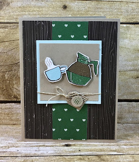 This all occasion "hi" card uses Stampin' Up!'s Coffee Cafe stamp set and Coffee Cups Framelits.  We also used the Coffee Break designer paper and Corrugated Elements.  I love the blue/brown/green color combination!  Supply list is on the blog!  http://www.stamptherapist.com #stamptherapist #stampinup