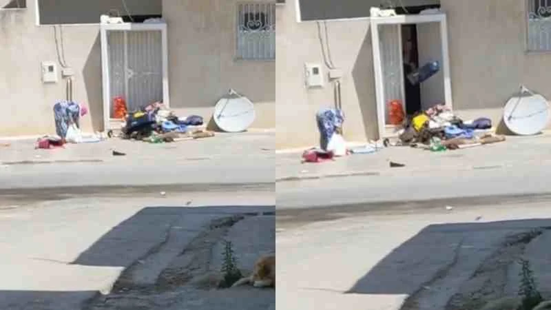 يحدث في تونس  تطرد أم زوجها من المنزل وتلقي بملابسها في الشارع  أخرج عليا