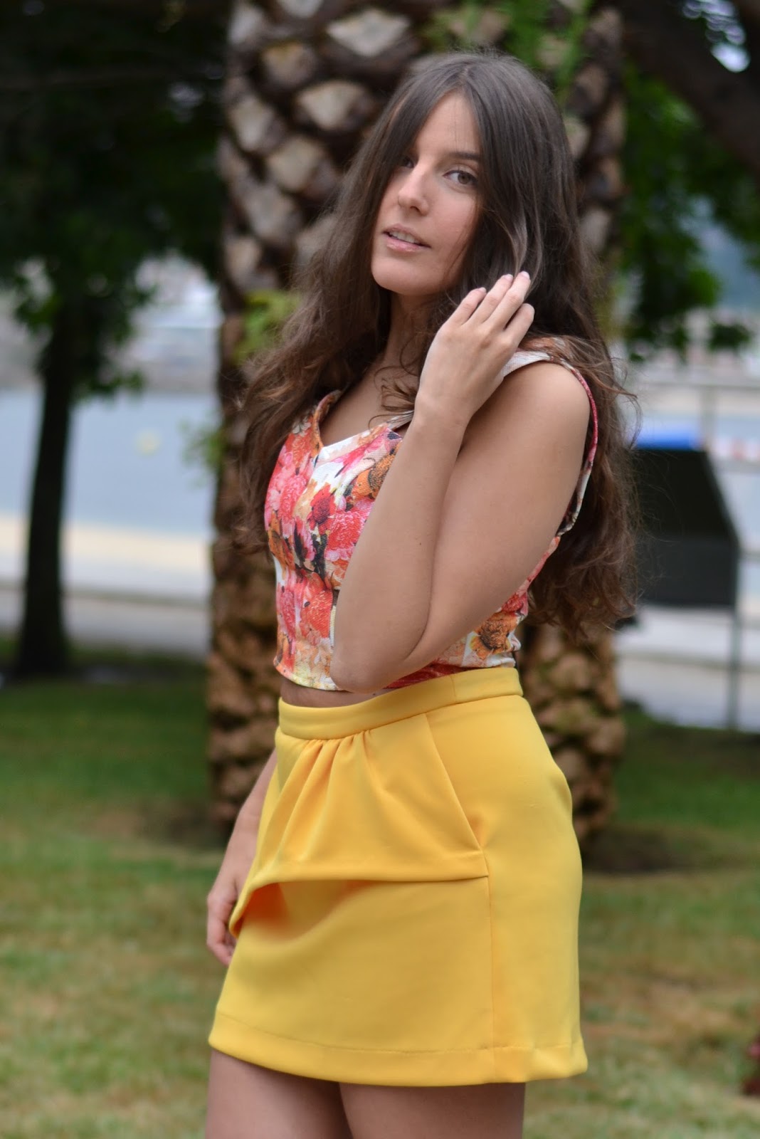 Floral crop top, mustard skirt