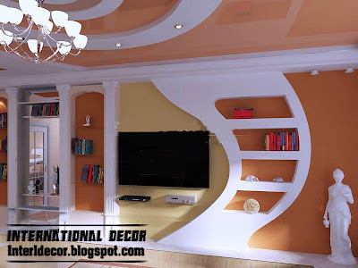 modern gypsum board wall decoration and shelves interior design for TV wall
