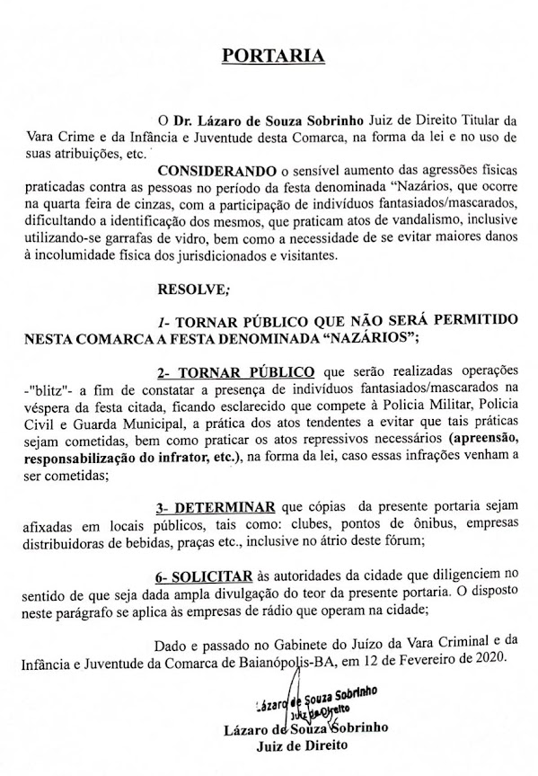 Justiça mantém decisão de proibir os "Nazaros" em Baianópolis