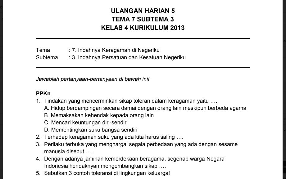 Soal Ulangan Harian K13 Kelas 4 Tema 7 Subtema 3 - SekolahDasar.Net