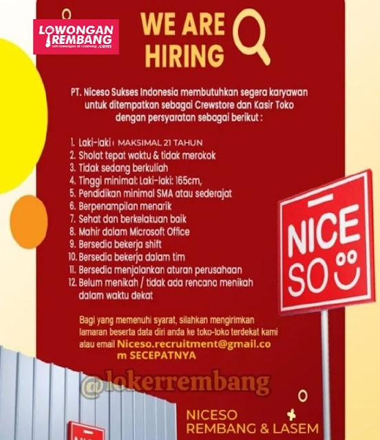 2 Lowongan Kerja Pegawai Kasir dan Crew Store PT Niceso Sukses Indonesia Rembang