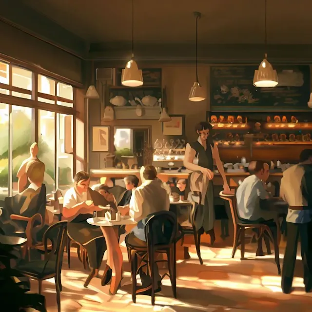 Cafe interior with several people in photorealism style.