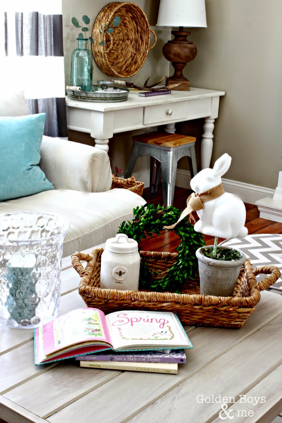 Target Dollar Spot bunny topiary in Smith and Hawken basket with spring decor-www.goldenboysandme.com