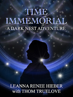 Time Immemorial: A Dark Nest Adventure Cover Art Featuring a Silhouette of Captain Liz Marlowe with a background of stars, novella by Leanna Renee Hieber with Thom Truelove via Scrib'd