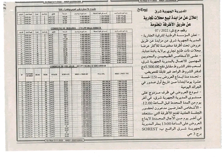 بيع بالمزاد لمحلات تجارية باتنة و عنابة