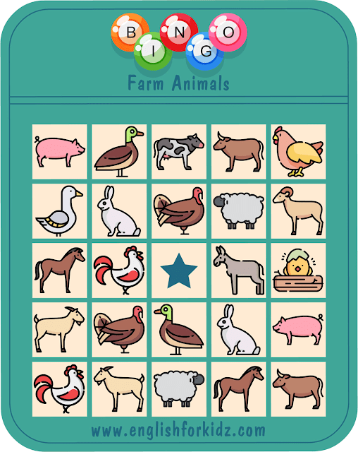 Farm animals bingo game – printable ESL worksheets for English teachers and students