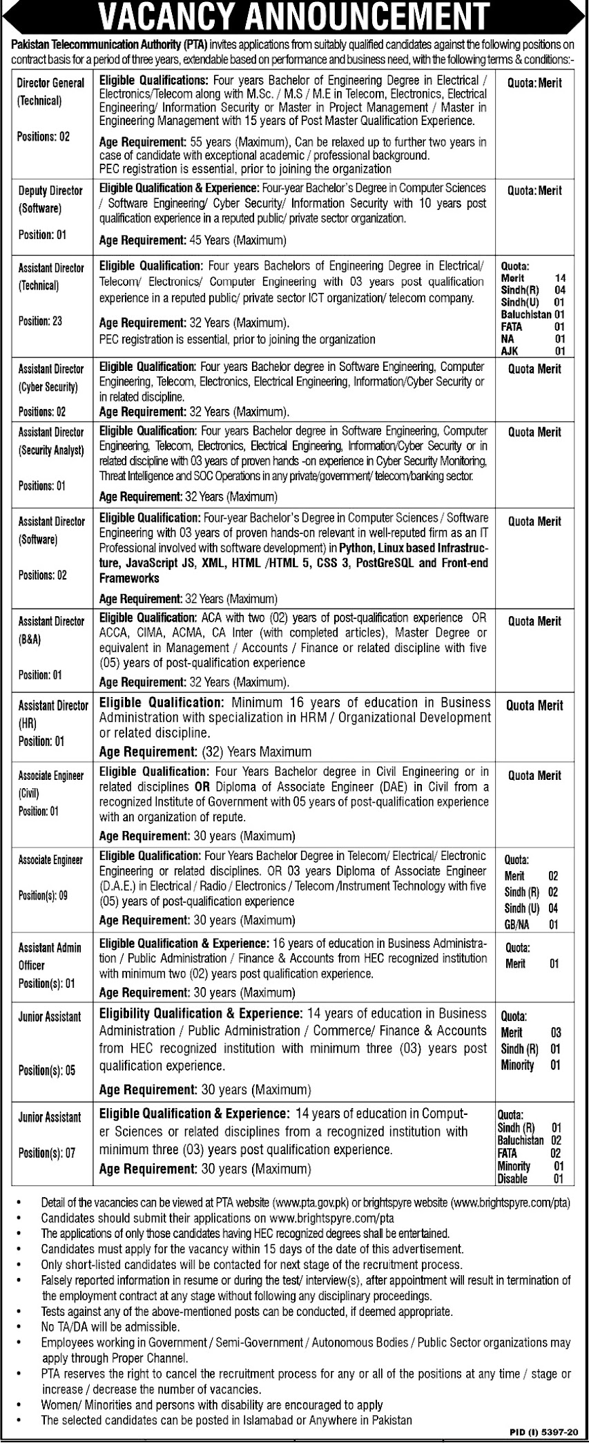 Latest Jobs in Pakistan  Telecommunication Authority PTA 2021-Apply online