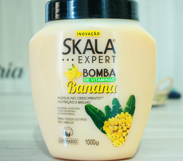 cabelos, skala, bomba de banana, cabelos com mais brilho, máscara capilar, tratamento capilar, desmaia cabelo, óleo de rícino, aloe vera, d-pantenol