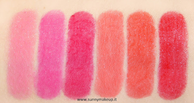 Swatch Pupa - Jelly Glow. Collezione 2015.  Lip Balm nelle colorazioni: 001 Baby Pink, 002 Fuchsia Dream, 003 Cherry Jam, 004 Sunny Coral, 005 Juicy Orange, 006 Exotic Red.