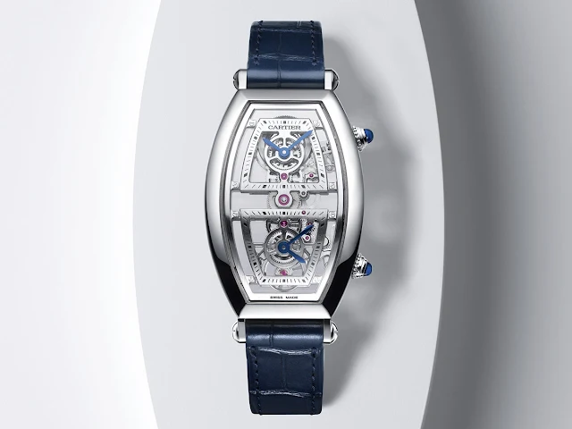 Cartier Privé Collection, Tonneau watches 2019. Skeleton dual time model in platinum.