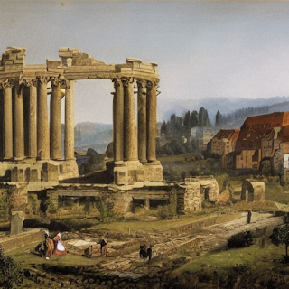 Eine antike Stätte mit einem verfallenen Säulengebäude, die an das alte Griechenlanf erinnert
