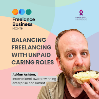 picture of Adrian eating cake next to a sign saying balancing freelancing with unpaid caring roles