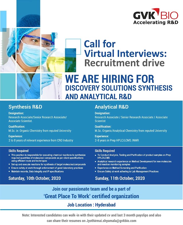 GVK bio | Virtual interview for Hyderabad & Bangalore location on 10&11 Oct 2020