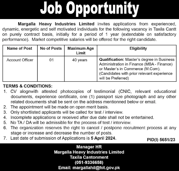 Account Officer Jobs Margalla Heavy Industries Limited Taxila 2024