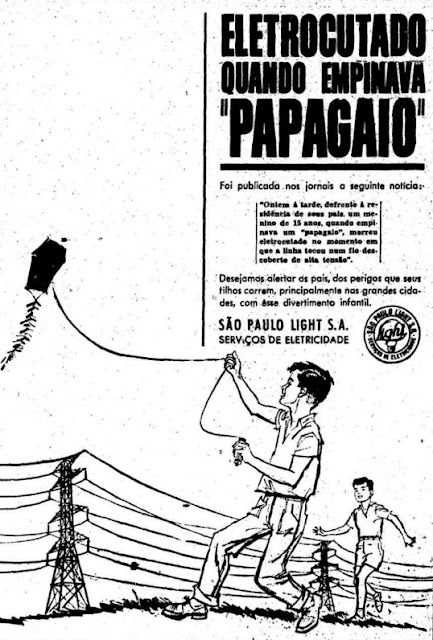 Propaganda da Light (São Paulo) em 1961 que alertava sobre soltar papagaio perto das fiações elétricas.