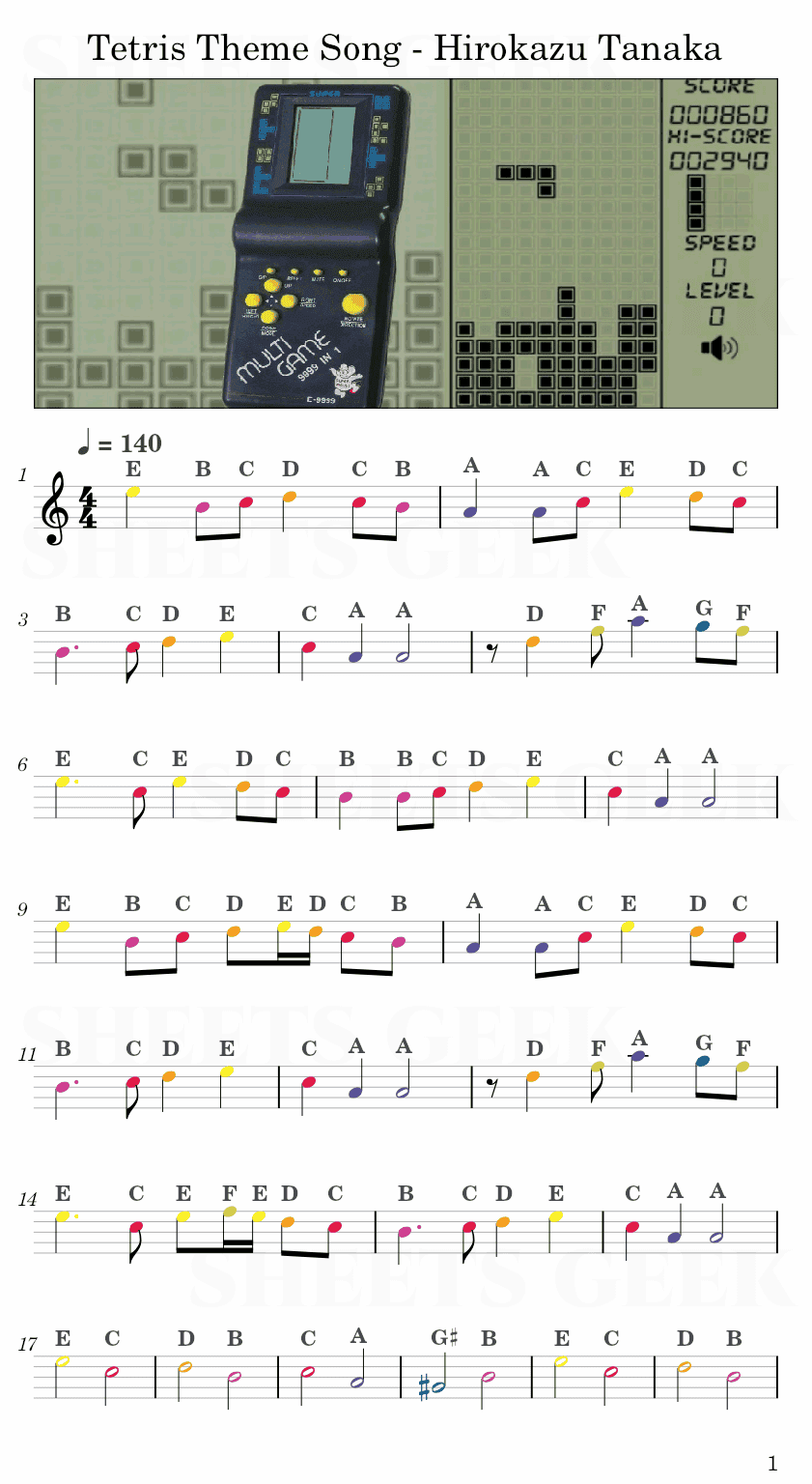 Tetris Theme Song - Hirokazu Tanaka Easy Sheet Music Free for piano, keyboard, flute, violin, sax, cello page 1