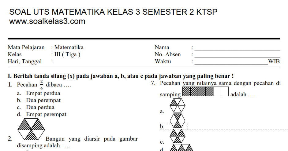  Soal UTS Matematika Kelas 3 Th 2019 Semester 2 Jawaban 