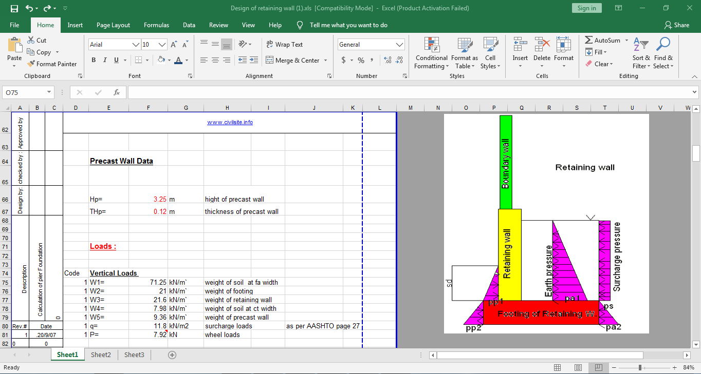 Design of Retaining Wall Calculation in Excel Spreadsheet