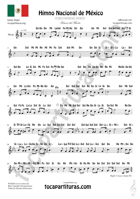 Himno Nacional de México Partitura de con Notas de Flauta Violin Oboe