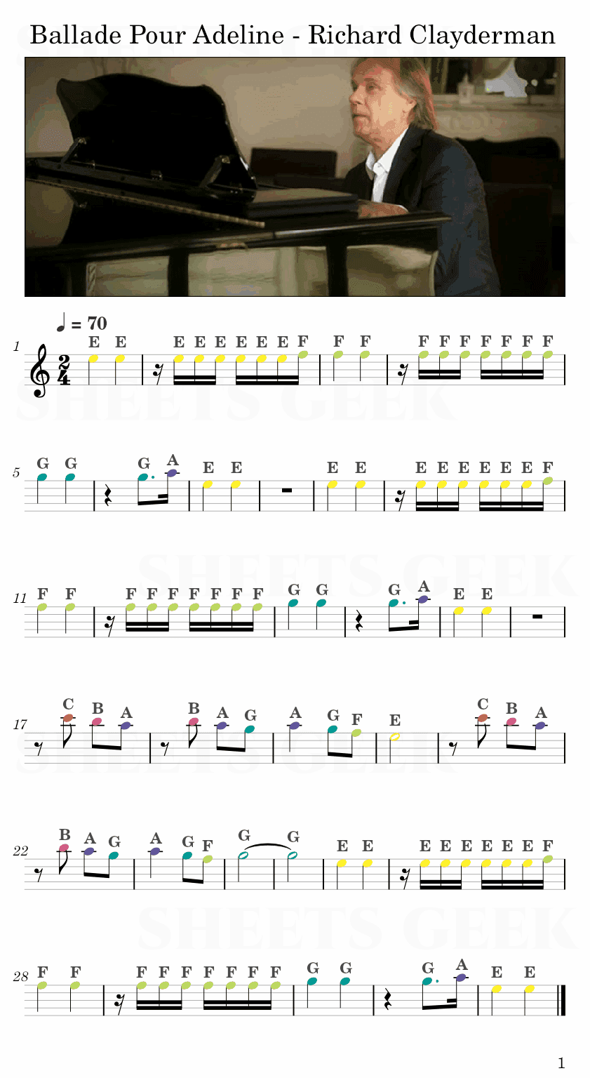 Ballade Pour Adeline - Richard Clayderman Easy Sheet Music Free for piano, keyboard, flute, violin, sax, cello page 1