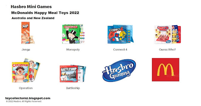 McDonalds Hasbro Mini Games Toys in Happy Meals 2022 Promo 6 toy set Australia and New Zealand distribution month is August